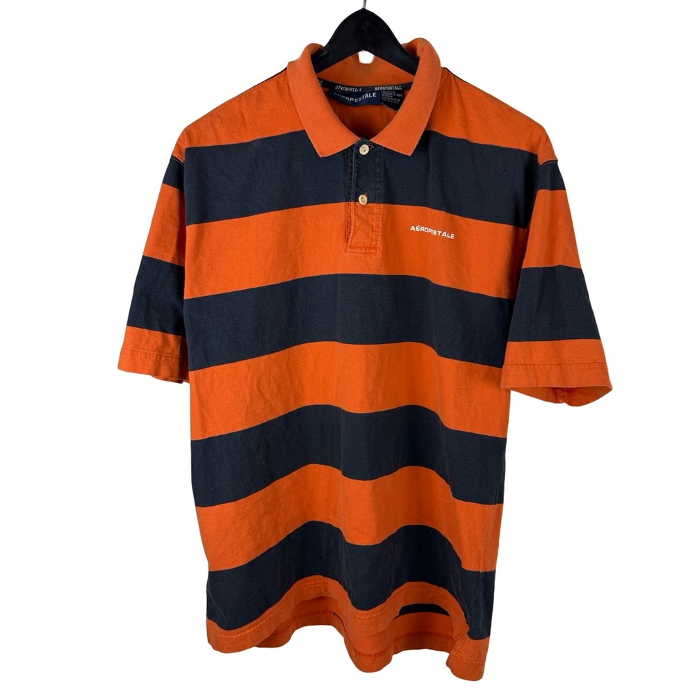 Vintage Y2K Aeropostale Striped Mall Core Orange Blue Polo Shirt Size L